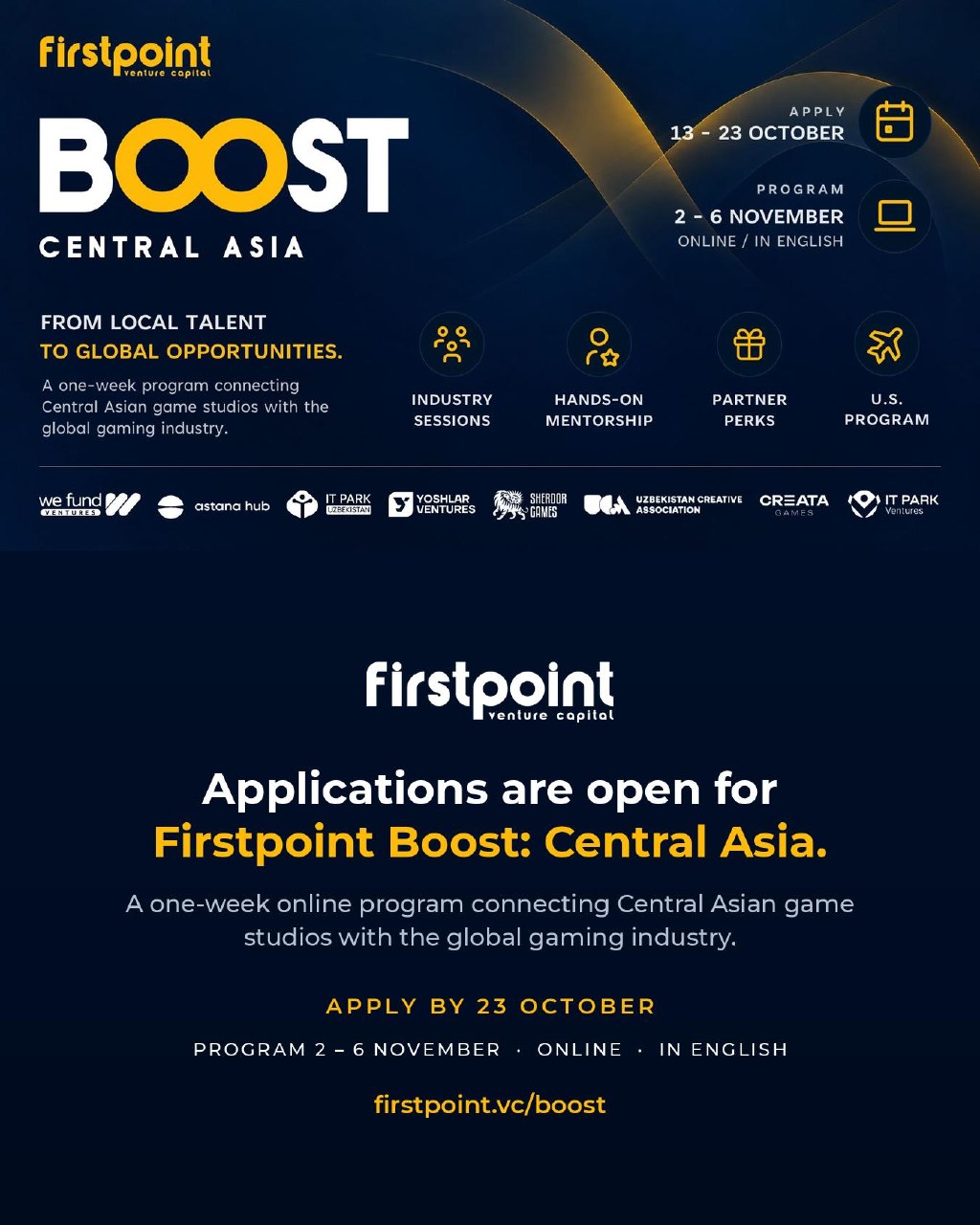 Firstpoint VC is now accepting applications for its one-week Boost program for game studios in Central Asia